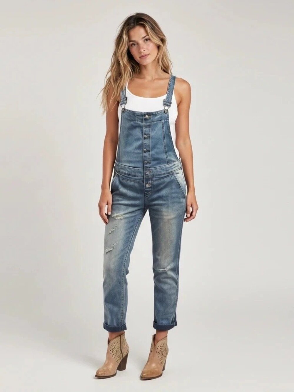 Free People High Roller Denim Overalls Distressed Sz 28” Waist US Sz 6 - Picture 3 of 16